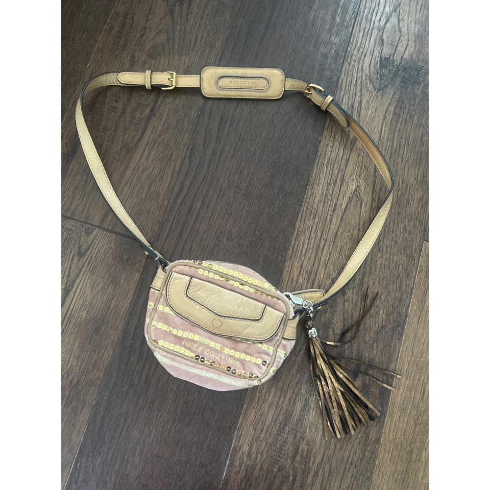 Juicy Couture Pink Velour Sequin Stripe Mini Crossbody Bag with Tassel Y2K
